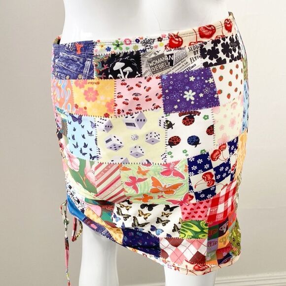 Omighty OG Patchwork Multi Pattern Mini Skirt w Ruched Side Tie - Picture 3 of 7
